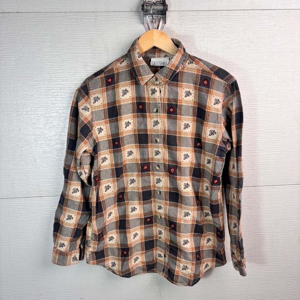 Vintage Casey Max Plaid Embroidered Button Down Shirt 90s Medium